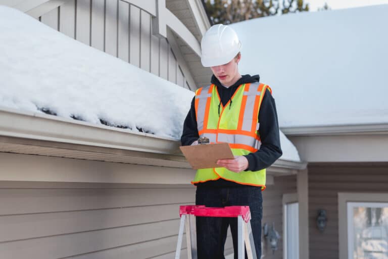 Home inspector on a ladder while writing on a clipboard during winter.